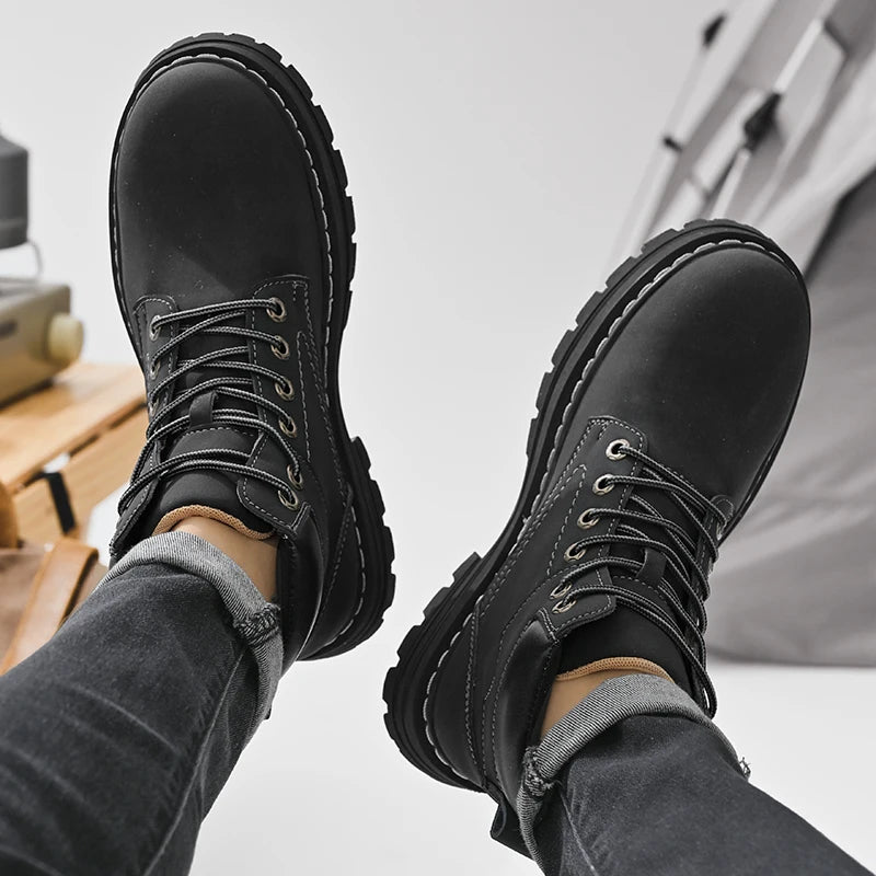 Handmade Outdoor Men Genuine Leather Boots Male Comfortable Business Party Casual Shoes Street Thick Sole Lace Up Shoes Big Size