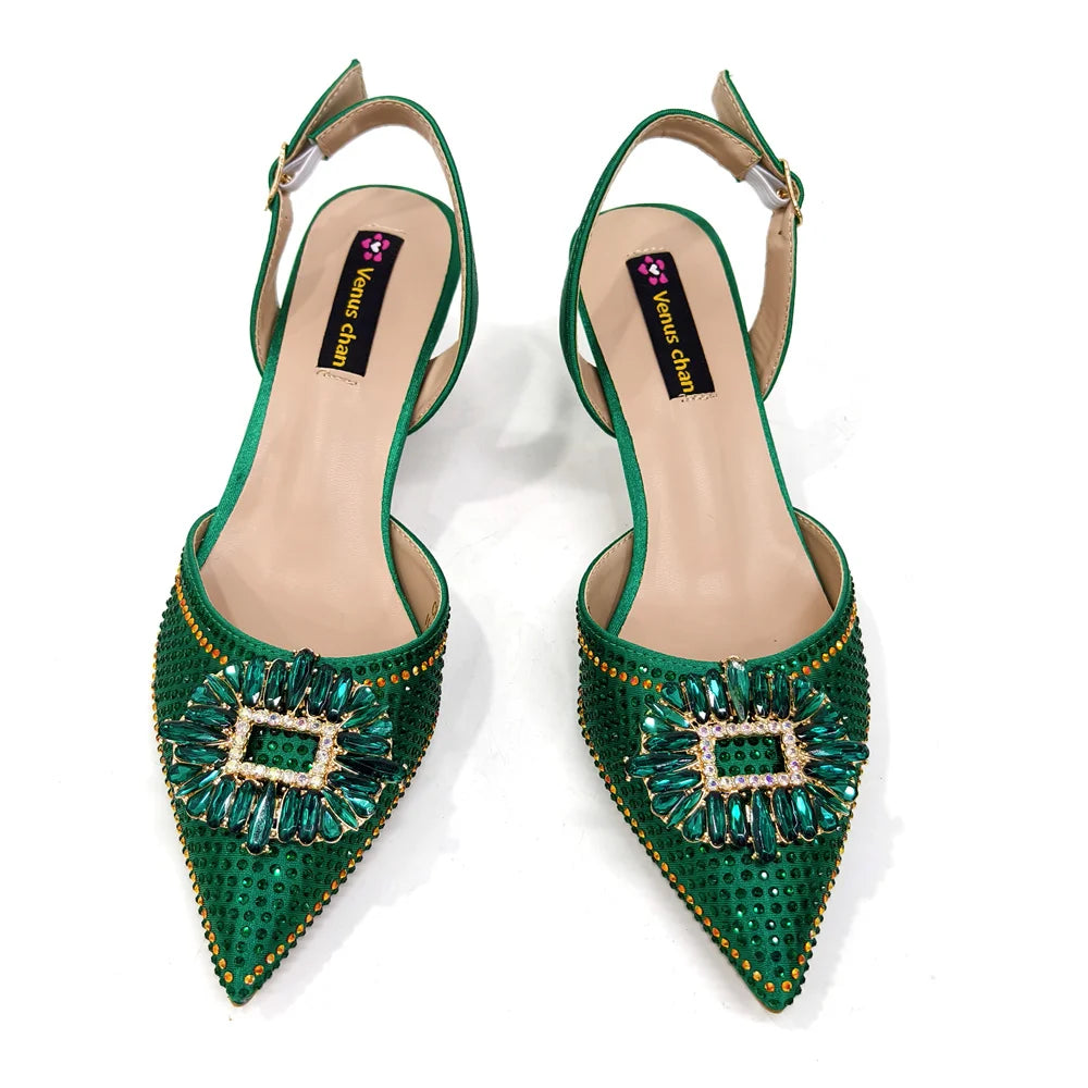 Blue Color Rhinestone Comfortable high heel shoe And Bag Fashion Style Pointed-Toe Shoes For Women Or Commuting Shoes