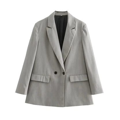 Women Fashion Double Breasted Loose Fitting Blazer Coat Vintage Long Sleeve Pockets Female Outerwear Chic Veste Femme