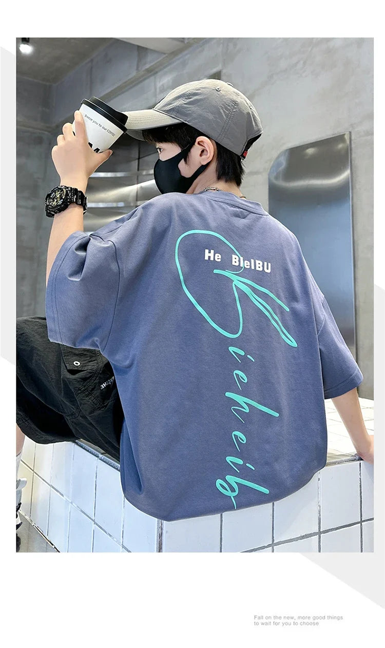 New Casual Boys Top and Bottom Clothes Set Summer Suit for Tween Children Clothing Kids Teenager Shorts Sleeve Tshirt Shorts Set