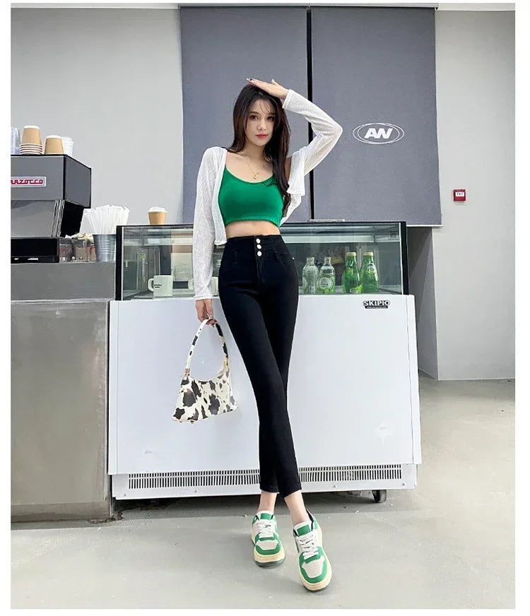 New Women's High Waist Stretch Jeans Blue Black Gray Fashionable and Versatile Multi-button Popular Slim Denim Long Pants Female