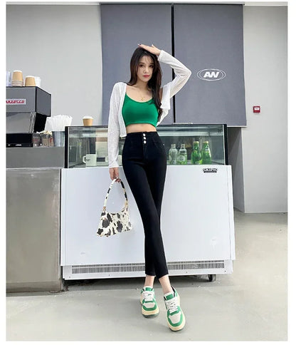 New Women's High Waist Stretch Jeans Blue Black Gray Fashionable and Versatile Multi-button Popular Slim Denim Long Pants Female