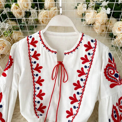 n Sle Embroidered Flower Long Sve Loose Fit Lantern Sve Gathered Slimming A-Line Dr Women's round Ne Dr