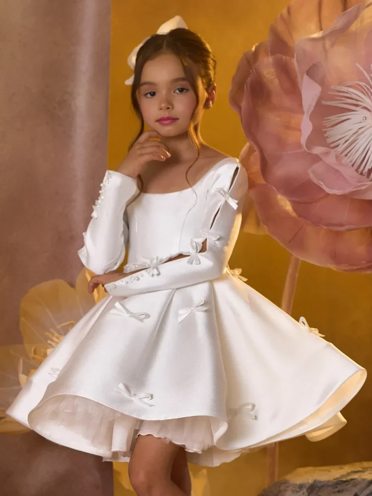 Customized White Flower Girl Dress Satin Tulle Bow Long Sleeve For Wedding Birthday Party Prom Communion Banquet Gown