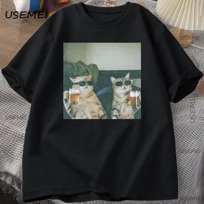 Funny Cool Cat Drinking Beer T-shirt Casual Cotton Short Sleeve T Shirt Man Clothes Harajuku Round Neck Men's Designer Tops