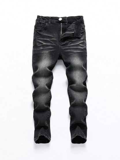 1-Piece Men's All-Season Snowflake Washed Fashion Jeans, Stretchy Slim-Fit Light Gray and Dark Black Casual Denim Pants, Minimalist Fashion, Suitable for Everyday Wear