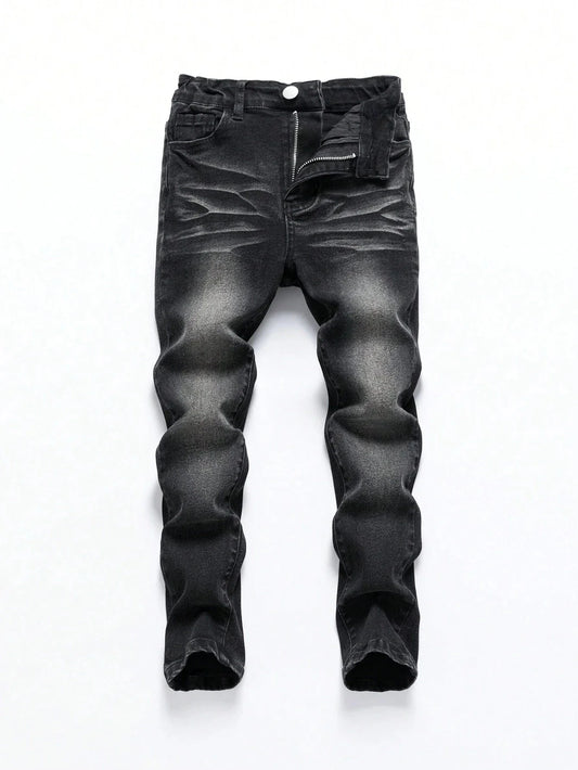 1-Piece Men's All-Season Snowflake Washed Fashion Jeans, Stretchy Slim-Fit Light Gray and Dark Black Casual Denim Pants, Minimalist Fashion, Suitable for Everyday Wear