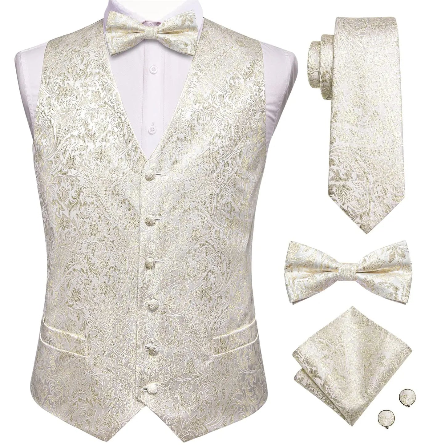 Luxury Silk Mens Vests Rose Gold Pink Striped Waistcoat Necktie Bowtie Hanky Cufflinks Set Waist Jacket For Men Wedding