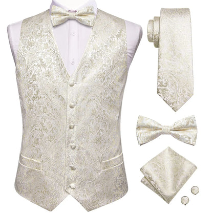 Luxury Silk Mens Vests Rose Gold Pink Striped Waistcoat Necktie Bowtie Hanky Cufflinks Set Waist Jacket For Men Wedding