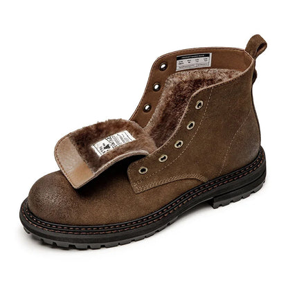 Men Vintage Split Suede Fleece-lined Boots Brown High-Top Work Boots Lace-Up Desert Ankle Rugged Sole Boots Outdoor Shoes
