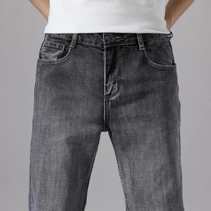 2026 Cotton Stretch Jeans Business Casual Men's Thin Denim Jeans Grey Spring Summer Brand New Fit Straight Lightweight