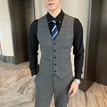 British Korean Style High Quality Modified Plaid Three-Piece Suit for Men - Stylish Business Casual Suit Vest And Trousers Set