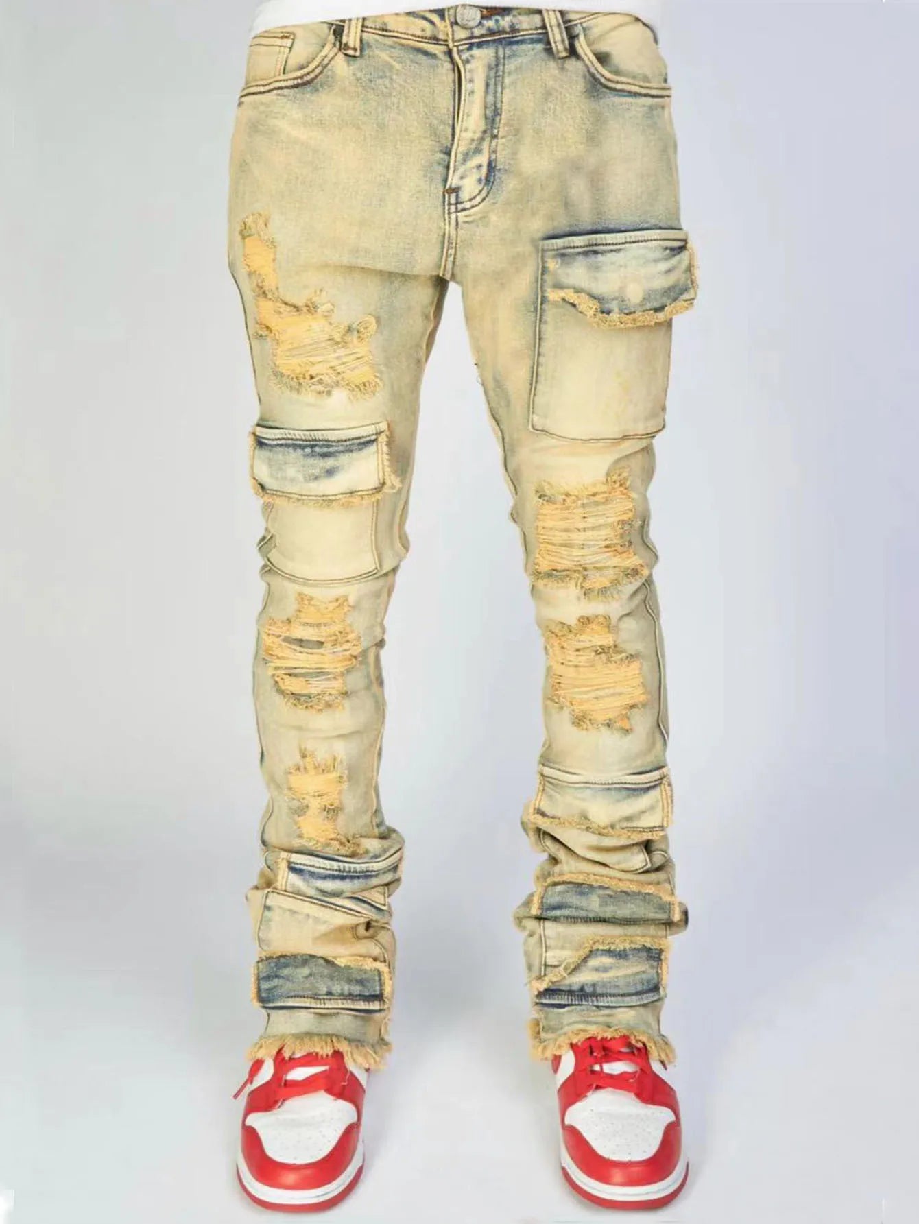 Men Jeans Long Pant Denim Flare Pants Hole Straight Trousers Slim Fit High Waist Casual Button Pocket Splice Autumn Winter