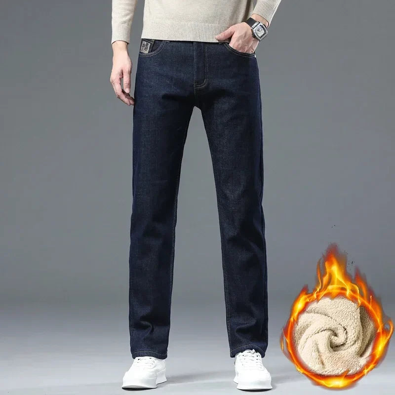 Winter Warm Fleece Jeans Men 2023 Straight Stretch Thick Casual Thermal Denim Pants Male Business Work Trousers New Men Clothing