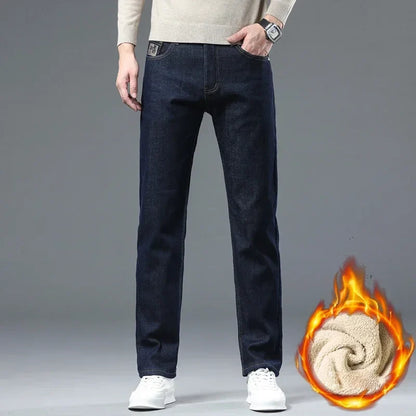 Winter Warm Fleece Jeans Men 2023 Straight Stretch Thick Casual Thermal Denim Pants Male Business Work Trousers New Men Clothing