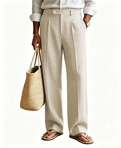 Men's Linen Beige Pants Straight Leg Trousers High Waist Pleated Lightweight Breathable Cool Summer Casual For Beach Vacation