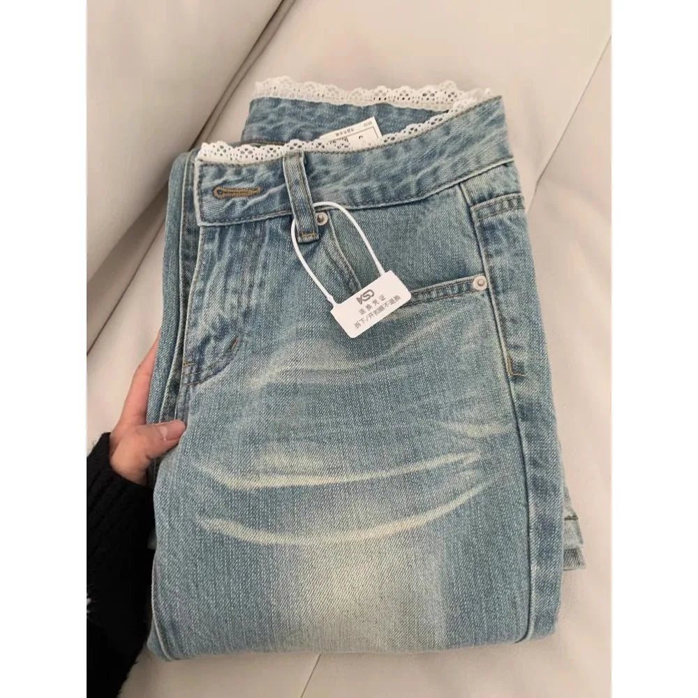 Retro Classic American Vintage Denim Jeans for Women Low Waisted Straight 1950s/1960s Inspired Jeans Light Blue Pants