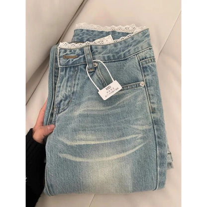 Retro Classic American Vintage Denim Jeans for Women Low Waisted Straight 1950s/1960s Inspired Jeans Light Blue Pants