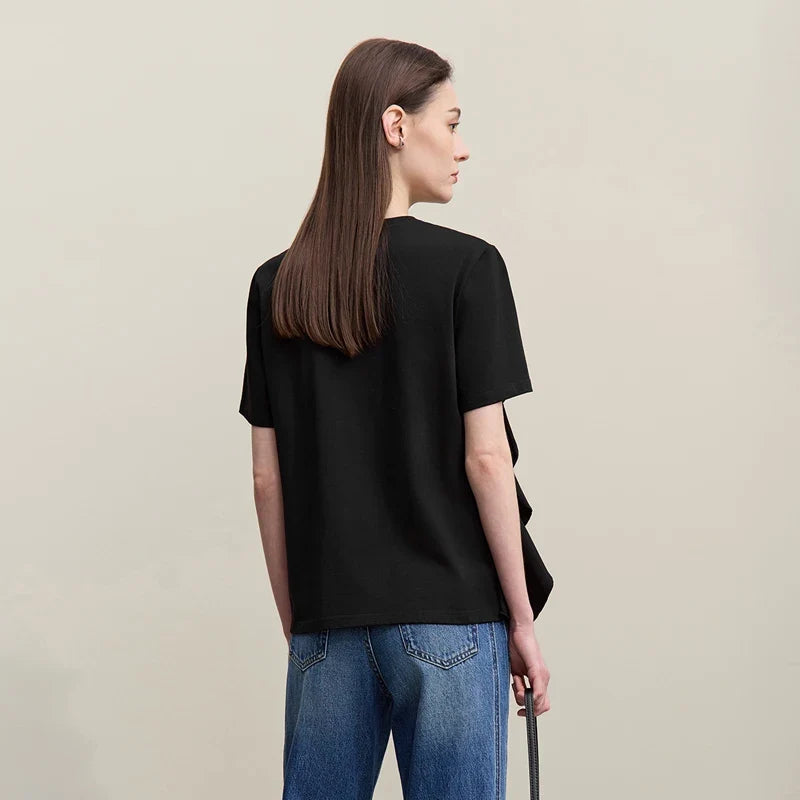 Women's T-Shirt 2026 Summer New Round Neck Ruffle Hem Cotton Tee Lace Trim Short Sleeve Loose Fit Top For Women 12642012