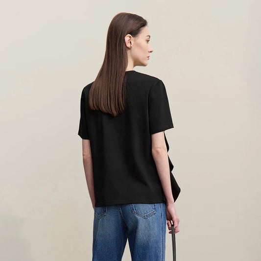 Women's T-Shirt 2026 Summer New Round Neck Ruffle Hem Cotton Tee Lace Trim Short Sleeve Loose Fit Top For Women 12642012