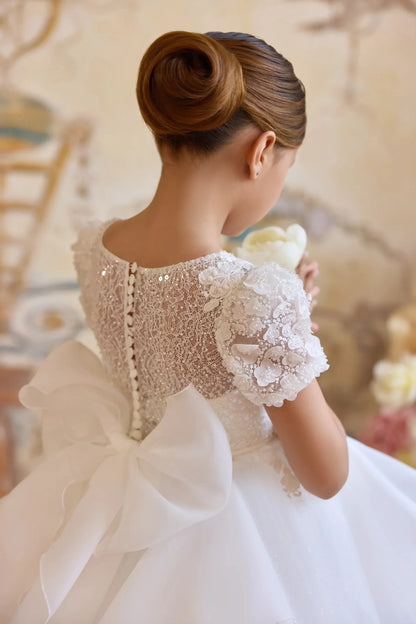 White Lace Tulle Flower Girl's Dresses for Wedding Bow Appliqued Ruffles First Communion Dress Baby Girl's Birthday Party Gowns