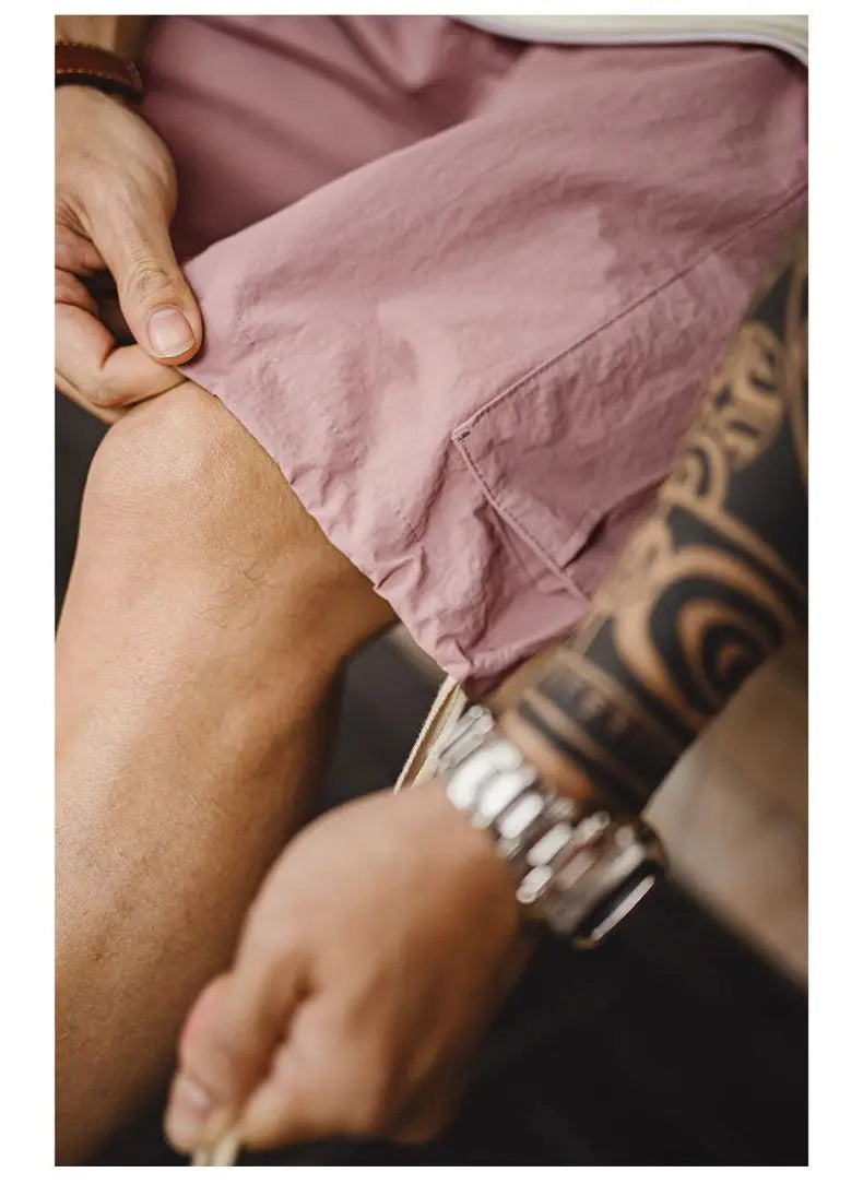 Outdoor Quick-Dry Pink Cargo Shorts Men's Summer Lightweight Woven Elastic Waist Shorts Loose Straight Bottoms for Sports