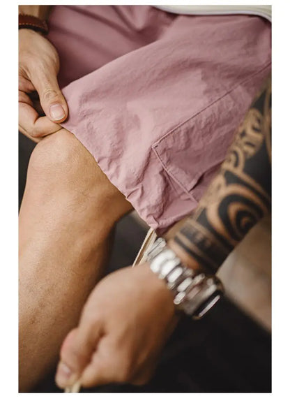 Outdoor Quick-Dry Pink Cargo Shorts Men's Summer Lightweight Woven Elastic Waist Shorts Loose Straight Bottoms for Sports