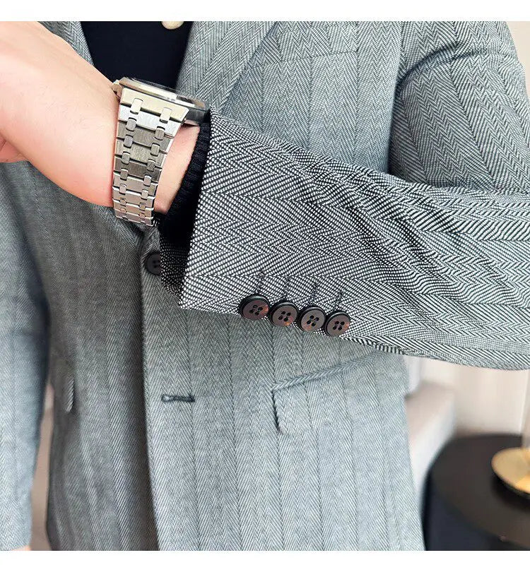 Men's Herringbone Stripe Suit Blazer Classic Lapel Dress Jacket Elegant Slim Fit Fashion Simple Casual Business Prom Suit Jacket