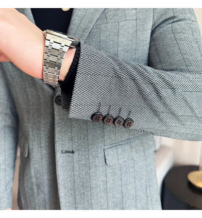 Men's Herringbone Stripe Suit Blazer Classic Lapel Dress Jacket Elegant Slim Fit Fashion Simple Casual Business Prom Suit Jacket