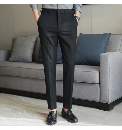 Autumn Mens Fashion Embroidered Trousers Korean Business Dress Solid Suit Pant Formal Office Social Slim Fit Casual Suit Pants
