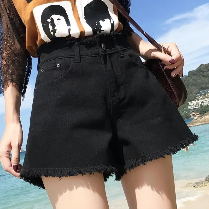 Spring Summer Women Short Jeans Women Wide Leg Denim Shorts Fashion Female High Waist Black Tassels Caual Denim Shorts Girls
