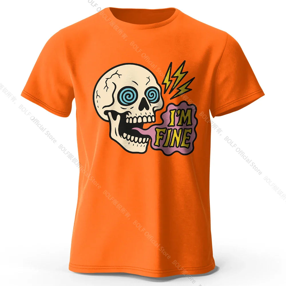 Men's I Am Fine Printed T-Shirt 100% Cotton Oversized Sarcastic Graphic Tees for Women Summer Tops Mood Streetwear