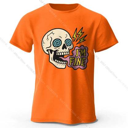 Men's I Am Fine Printed T-Shirt 100% Cotton Oversized Sarcastic Graphic Tees for Women Summer Tops Mood Streetwear