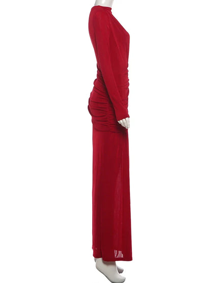 Folds Maxi Dress Women o-Neck Full Sleeve Solid Banquet Elegant Vacation Fashion Autumn Skinny Casual Simple Vestidos
