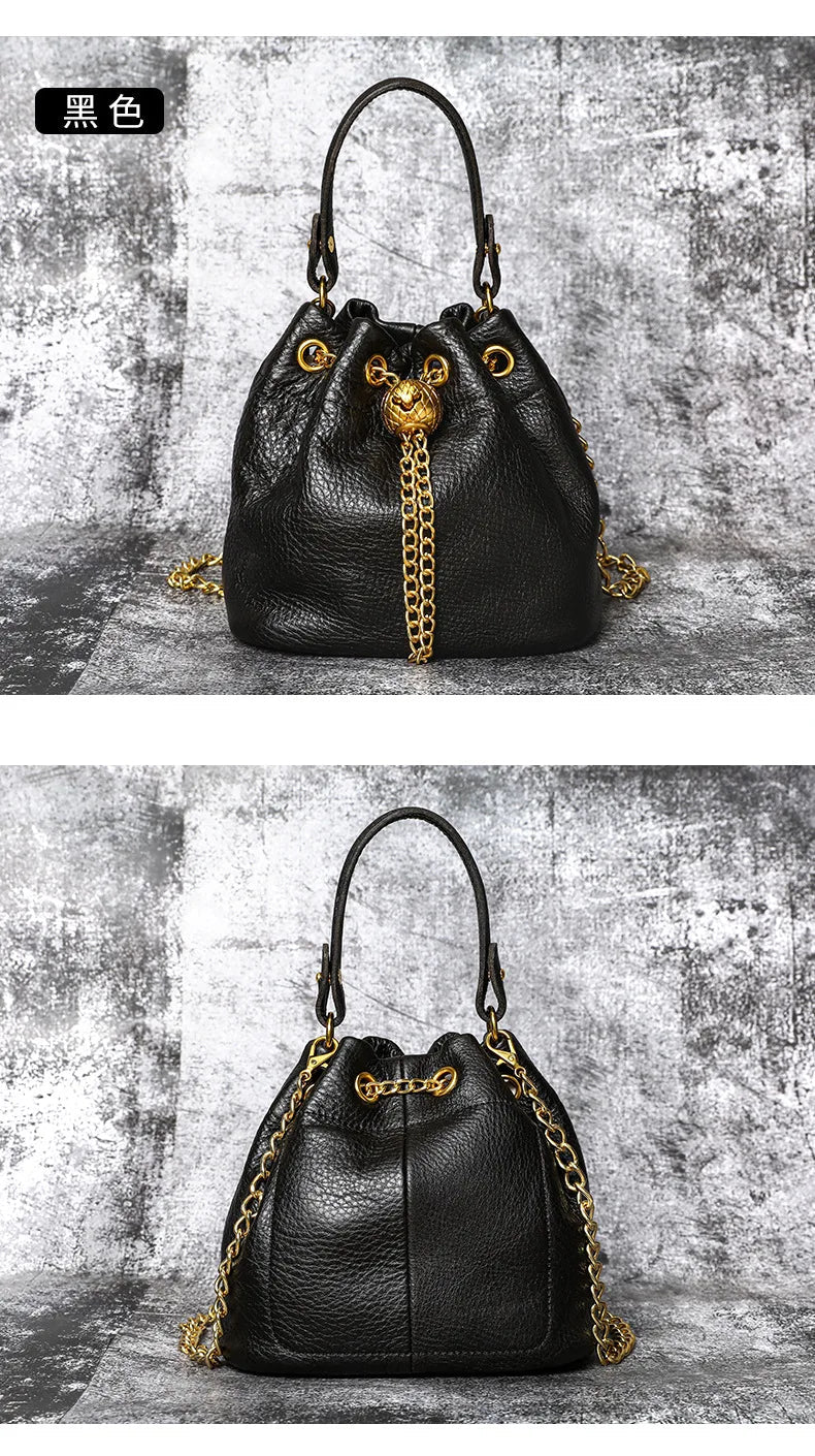 New Vintage Fashion Chain Bag Genuine Leather Multi-Way Bucket Bag for Women Compact Stylish Crossbody Purse