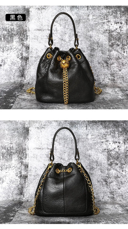 New Vintage Fashion Chain Bag Genuine Leather Multi-Way Bucket Bag for Women Compact Stylish Crossbody Purse
