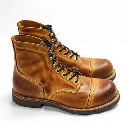 Durable Goodyear-Welted Motorcycle Rugged Heritage Boots Vintage Oil Genuine Leather 8111 Red Punk For Men Cowhide Mid-Cut Shoes
