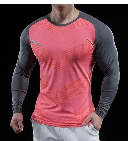 Autumn Winter Men Gym Fitness Display Long Sleeve T-Shirt Crew Neck Elastic Moisture Wicking Tights Running Training Bottom Top