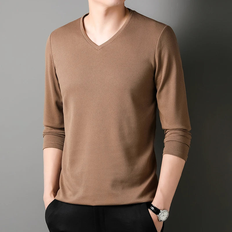 Minimalist Men's V-neck Long Sleeve T-shirt Soft Knitted Fabric Comfortable Top for All Seasons