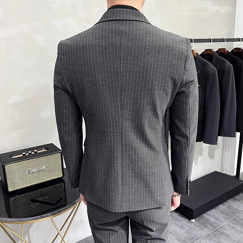 M-7XL ( Blazer + Pants ) Luxury Classic Striped Men's Official Office Casual Business Double -breasted Suit Groom Wedding Gown