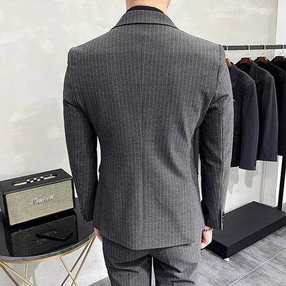 M-7XL ( Blazer + Pants ) Luxury Classic Striped Men's Official Office Casual Business Double -breasted Suit Groom Wedding Gown