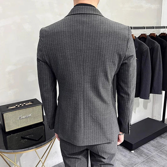 M-7XL ( Blazer + Pants ) Luxury Classic Striped Men's Official Office Casual Business Double -breasted Suit Groom Wedding Gown