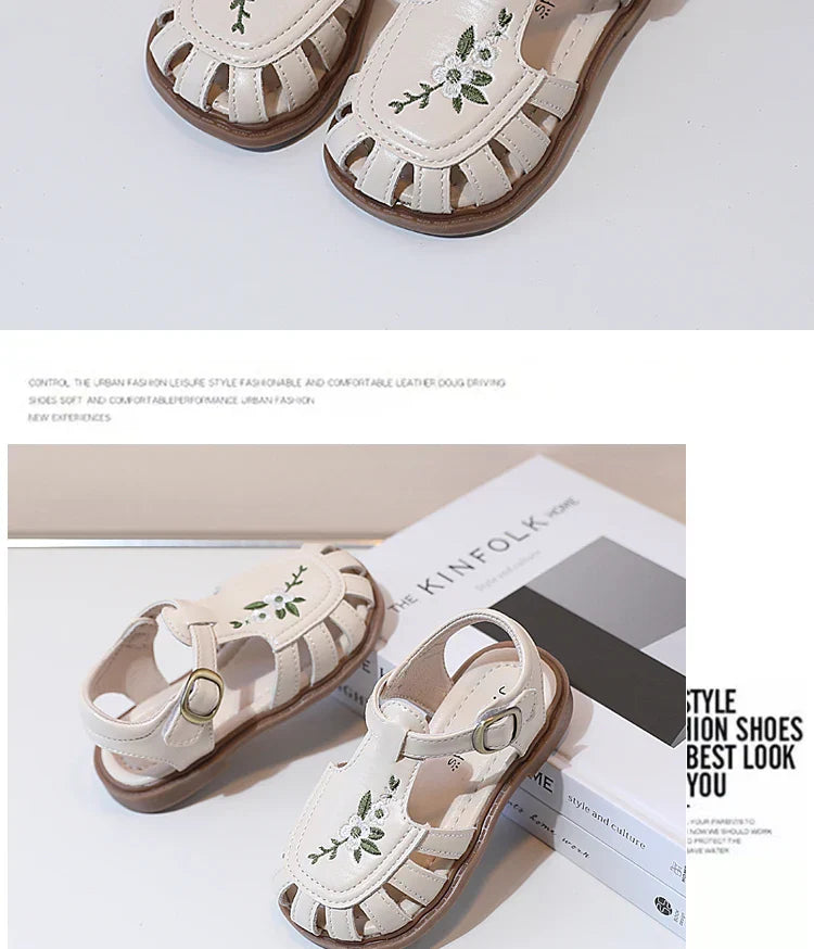Traditional Chinese Embroidery Kids Shoes for Girl Sandals Summe Retro Princess Shoes Roman Style Girls Leather Shoes Kid F05173