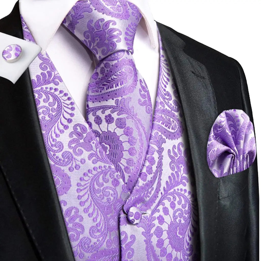 Purple Silk Mens Waistcoat Tie Set Sleeveless Jacket Suit Vest Necktie Hanky Cufflinks Wedding Business Oversized