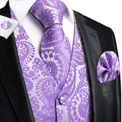 Purple Silk Mens Waistcoat Tie Set Sleeveless Jacket Suit Vest Necktie Hanky Cufflinks Wedding Business Oversized