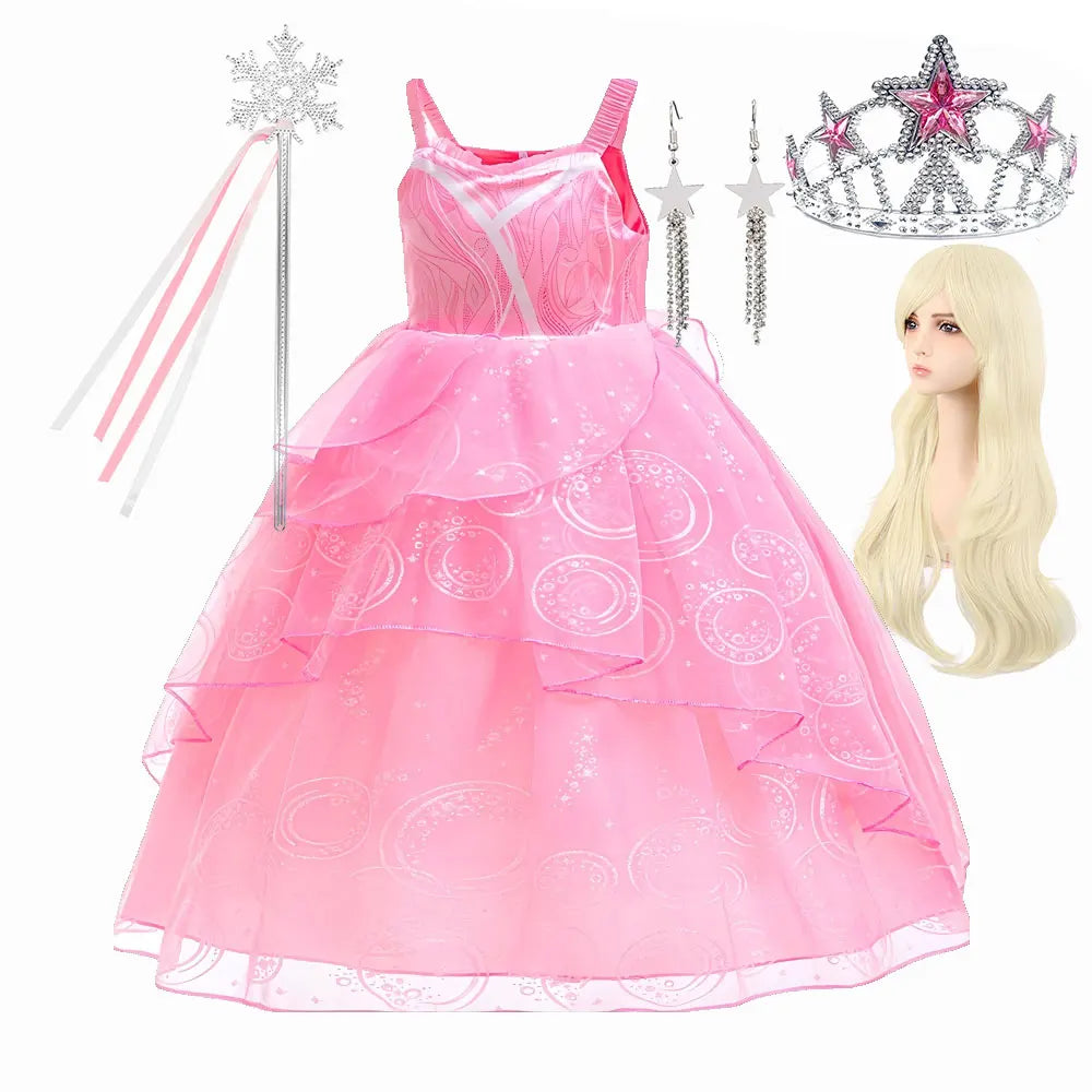 Kids Fairy Glinda Costume Wicked Wizard of Ozland Halloween Girl Cosplay Charming Glinda Kind Witch of North Pink Princess Dress