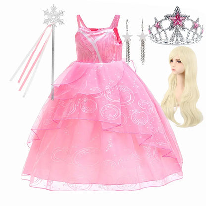 Kids Fairy Glinda Costume Wicked Wizard of Ozland Halloween Girl Cosplay Charming Glinda Kind Witch of North Pink Princess Dress