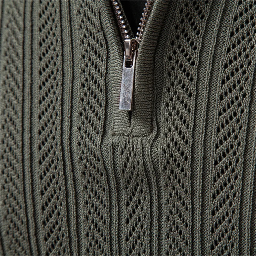 Premium Solid Color Polo Men Slim Fit Zip Long Sleeve Luxury Textured Fabric Business Casual Mens Sweatshirt