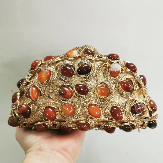 Golden Crystal Women Evening Bags Big Stones Clutch Bag Wedding Bridal Metal Minaudiere Handbags and Purses Ladies Party Clutch