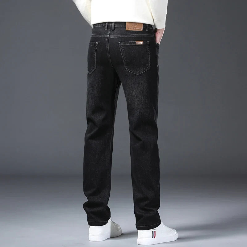 Classic Straight Men's Jeans Spring Slightly Thick Elastic Casual Office Business Trousers Fashion Comfort Washed Denim Pants